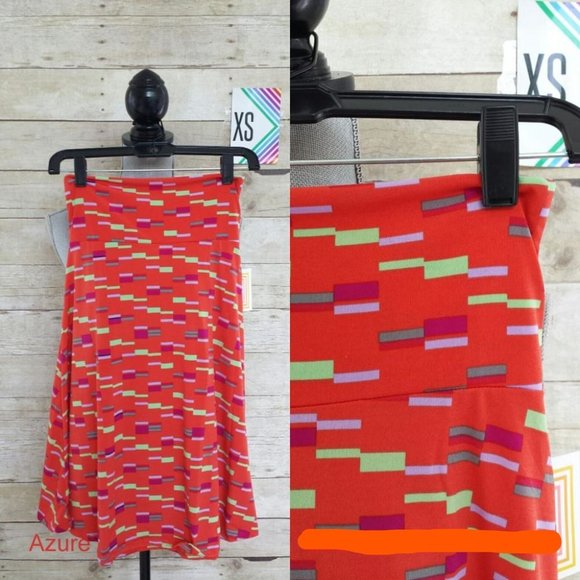 LuLaRoe Azure Skirt (or top) XS - Lilac, Purple, Mint & Gray Print on Orange/Red - Picture 1 of 1